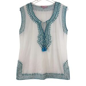 Calypso St. Barth Women M Teal Embroidered Sleeveless Top Boho SHEER RESORT
